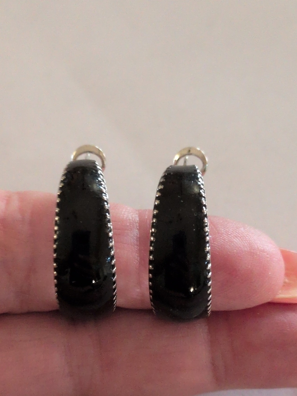 Black Enamel Hoop Earrings with Silver Trim - Women Jewelry